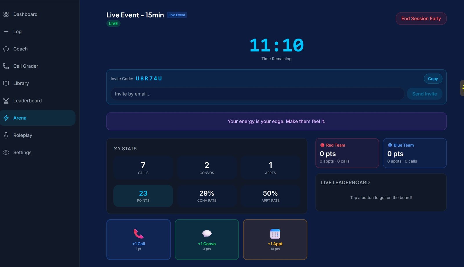 Appointment Arena live session with real-time leaderboard